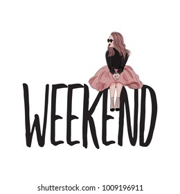 Vector fashion illustration. Weekend text poster with glamour woman sketch. Model in fluffy dress, black sweater and heels print. Trendy character decoration.