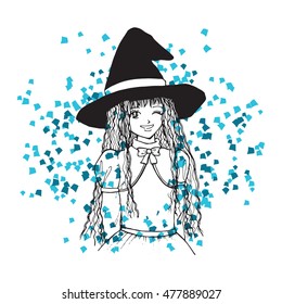 Vector fashion illustration witch girl in manga sketch style