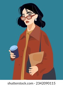 Vector fashion illustration of a woman in fashionable clothes. A girl is a student or an office worker holding coffee with her. Brunette in red glasses and coat. The girl is shopping. Autumn looks