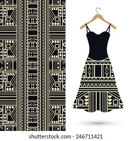 Vector fashion illustration, women's black dress on a hanger, hand drawn seamless geometric pattern, isolated elements for invitation card design