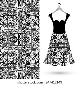 Vector fashion illustration, women's black dress on a hanger, hand drawn seamless geometric pattern, isolated elements for invitation card design. Seamless fabric texture