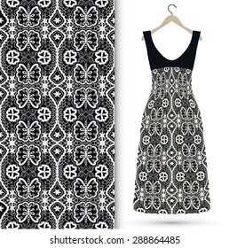 Vector fashion illustration, women's black lace dress on a hanger, hand drawn seamless geometric pattern, isolated elements for invitation card design. Seamless fabric texture
