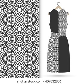 Vector fashion illustration. Women's black lace dress on a hanger and seamless doodle sketch pattern with hand drawn repeating texture. Isolated elements for scrapbook, invitations or cards design.