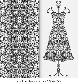 Vector fashion illustration. Women's black lace dress on a hanger and seamless lace pattern with hand drawn repeating texture. Isolated element for fabric print, scrapbook or invitation cards design.