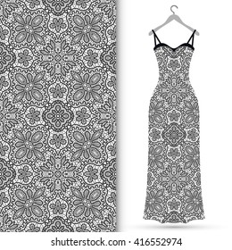 Vector fashion illustration. Women's black lace dress on a hanger and seamless lace pattern with hand drawn repeating texture. Isolated element for fabric print, scrapbook or invitation cards design.