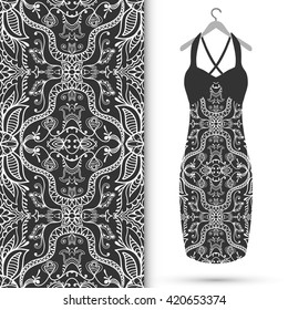 Vector fashion illustration. Women's black lace dress on a hanger, seamless doodle sketch pattern with hand drawn repeating texture. Isolated elements for scrapbook, invitations, cards design