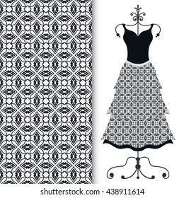 Vector fashion illustration. Women's black lace dress on a hanger, seamless doodle sketch pattern with hand drawn repeating texture. Isolated elements for scrapbook, invitations, cards design