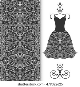 Vector fashion illustration. Women's black lace dress on a hanger and seamless floral geometric pattern with repeating texture. Isolated element for fabric print, scrapbook or invitation cards design.