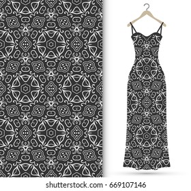 Vector fashion illustration. Women's black lace dress on a hanger, seamless doodle sketch pattern with hand drawn repeating texture. Isolated elements for scrapbook, invitations, cards design