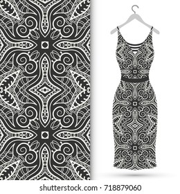 Vector fashion illustration. Women's black lace dress on a hanger, seamless doodle sketch pattern with hand drawn repeating texture. Isolated elements for scrapbook, invitations, cards design