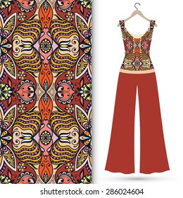 Vector fashion illustration, women's blouse and trousers on a hanger, seamless Arabic ornamental background, tribal ethnic pattern, isolated elements for scrapbook, invitation or greeting card design
