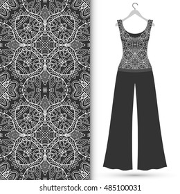 Vector fashion illustration, women's blouse and trousers on a hanger, hand drawn seamless floral lace pattern, elements for invitation card design, repeating fabric texture. Black and white pattern