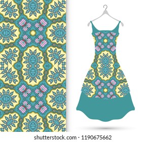 Vector fashion illustration. Women's dress model on a hanger and colorful seamless pattern for textile fabric or paper print. Party dress design, Summer cloth collection, isolated elements