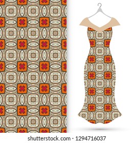 Vector fashion illustration. Women's dress model on a hanger and colorful seamless pattern for textile fabric or paper print. Party dress design, Summer cloth collection, isolated elements