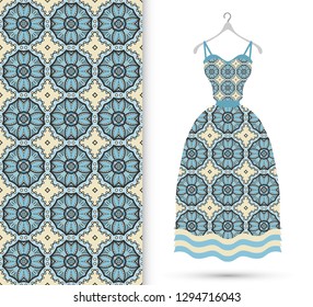 Vector fashion illustration. Women's dress model on a hanger and colorful seamless pattern for textile fabric or paper print. Party dress design, Summer cloth collection, isolated elements