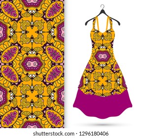 Vector fashion illustration. Women's dress model on a hanger and colorful seamless pattern for textile fabric or paper print. Party dress design, Summer cloth collection, isolated elements