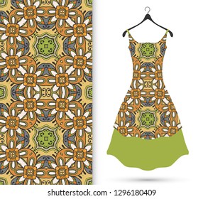 Vector fashion illustration. Women's dress model on a hanger and colorful seamless pattern for textile fabric or paper print. Party dress design, Summer cloth collection, isolated elements