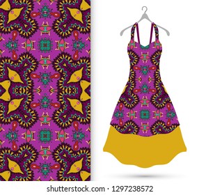 Vector fashion illustration. Women's dress model on a hanger and colorful seamless pattern for textile fabric or paper print. Party dress design, Summer cloth collection, isolated elements