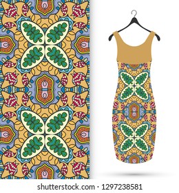 Vector fashion illustration. Women's dress model on a hanger and colorful seamless pattern for textile fabric or paper print. Party dress design, Summer cloth collection, isolated elements