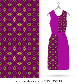 Vector fashion illustration. Women's dress model on a hanger and colorful seamless pattern for textile fabric or paper print. Party dress design, Summer cloth collection, isolated elements