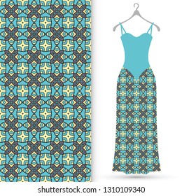 Vector fashion illustration. Women's dress model on a hanger and colorful seamless pattern for textile fabric or paper print. Party dress design, Summer cloth collection, isolated elements