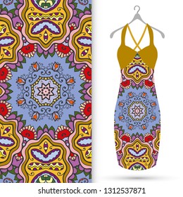 Vector fashion illustration. Women's dress model on a hanger and colorful seamless pattern for textile fabric or paper print. Party dress design, Summer cloth collection, isolated elements