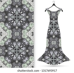 Vector fashion illustration. Women's dress model on a hanger and colorful seamless pattern for textile fabric or paper print. Party dress design, Summer cloth collection, isolated elements