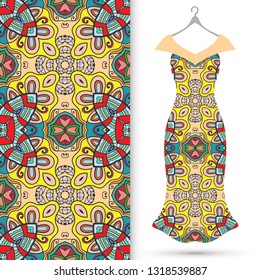 Vector fashion illustration. Women's dress model on a hanger and colorful seamless pattern for textile fabric or paper print. Party dress design, Summer cloth collection, isolated elements