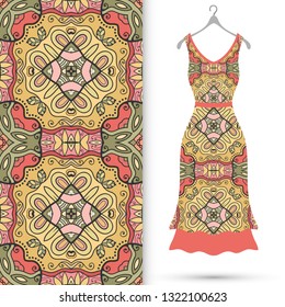 Vector fashion illustration. Women's dress model on a hanger and colorful seamless pattern for textile fabric or paper print. Party dress design, Summer cloth collection, isolated elements