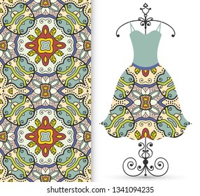 Vector fashion illustration. Women's dress model on a hanger and colorful seamless pattern for textile fabric or paper print. Party dress design, Summer cloth collection, isolated elements