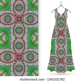 Vector fashion illustration. Women's dress model on a hanger and colorful seamless pattern for textile fabric or paper print. Party dress design, Summer cloth collection, isolated elements