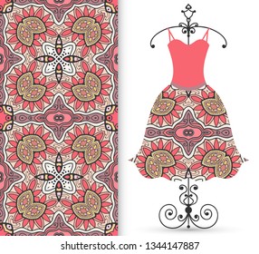 Vector fashion illustration. Women's dress model on a hanger and colorful seamless pattern for textile fabric or paper print. Party dress design, Summer cloth collection, isolated elements