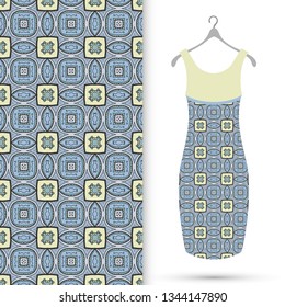 Vector fashion illustration. Women's dress model on a hanger and colorful seamless pattern for textile fabric or paper print. Party dress design, Summer cloth collection, isolated elements
