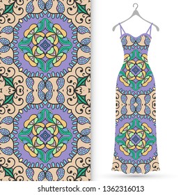 Vector fashion illustration. Women's dress model on a hanger and colorful seamless pattern for textile fabric or paper print. Party dress design, Summer cloth collection, isolated elements