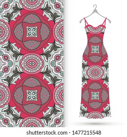 Vector fashion illustration. Women's dress model on a hanger and colorful seamless pattern for textile fabric or paper print. Party dress design, Summer cloth collection, isolated elements