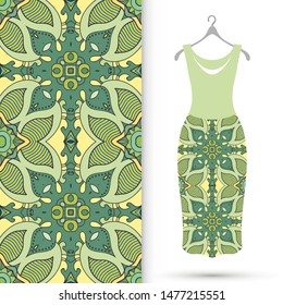 Vector fashion illustration. Women's dress model on a hanger and colorful seamless pattern for textile fabric or paper print. Party dress design, Summer cloth collection, isolated elements