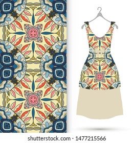 Vector fashion illustration. Women's dress model on a hanger and colorful seamless pattern for textile fabric or paper print. Party dress design, Summer cloth collection, isolated elements