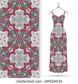 Vector fashion illustration. Women's dress model on a hanger and colorful seamless pattern for textile fabric or paper print. Party dress design, Summer cloth collection, isolated elements