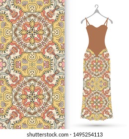 Vector fashion illustration. Women's dress model on a hanger and colorful seamless pattern for textile fabric or paper print. Party dress design, Summer cloth collection, isolated elements