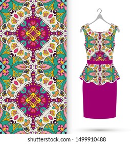 Vector fashion illustration. Women's dress model on a hanger and colorful seamless pattern for textile fabric or paper print. Party dress design, Summer cloth collection, isolated elements