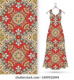 Vector fashion illustration. Women's dress model on a hanger and colorful seamless pattern for textile fabric or paper print. Party dress design, Summer cloth collection, isolated elements