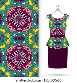 Vector fashion illustration. Women's dress model on a hanger and colorful seamless pattern for textile fabric or paper print. Party dress design, Summer cloth collection, isolated elements