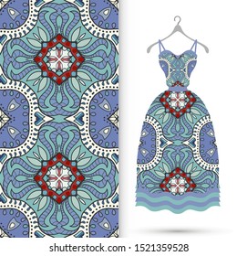 Vector fashion illustration. Women's dress model on a hanger and colorful seamless pattern for textile fabric or paper print. Party dress design, Summer cloth collection, isolated elements