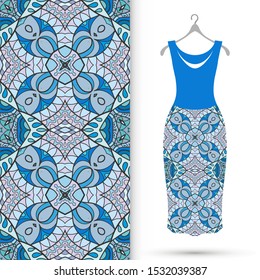 Vector fashion illustration. Women's dress model on a hanger and colorful seamless pattern for textile fabric or paper print. Party dress design, Summer cloth collection, isolated elements