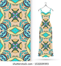 Vector fashion illustration. Women's dress model on a hanger and colorful seamless pattern for textile fabric or paper print. Party dress design, Summer cloth collection, isolated elements