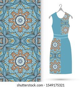 Vector fashion illustration. Women's dress model on a hanger and colorful seamless pattern for textile fabric or paper print. Party dress design, Summer cloth collection, isolated elements