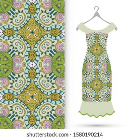 Vector fashion illustration. Women's dress model on a hanger and colorful seamless pattern for textile fabric or paper print. Party dress design, Summer cloth collection, isolated elements