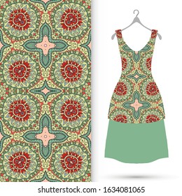 Vector fashion illustration. Women's dress model on a hanger and colorful seamless pattern for textile fabric or paper print. Party dress design, Summer cloth collection, isolated elements