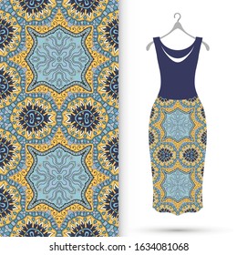 Vector fashion illustration. Women's dress model on a hanger and colorful seamless pattern for textile fabric or paper print. Party dress design, Summer cloth collection, isolated elements