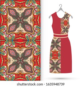 Vector fashion illustration. Women's dress model on a hanger and colorful seamless pattern for textile fabric or paper print. Party dress design, Summer cloth collection, isolated elements